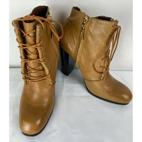 ELIZABETH AND JAMES Light Cognac Brown Leather Lace Up Side Zip Boots Heels Sz 8 - Picture 9 of 9